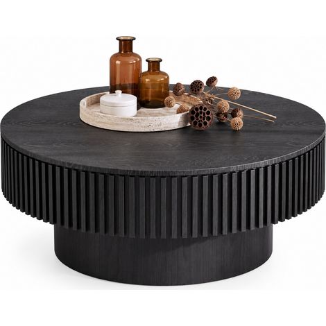 ELVMI Tavolino da Salotto con Vano Contenitore sotto Piano, Forma a Fungo Scanalata, MDF e Impiallacciatura in Legno Massello, Nero (1/5)