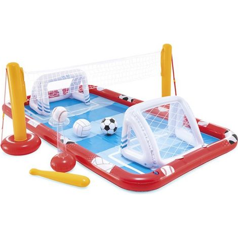 Intex – Aire de jeux gonflable Multi-Sports 3.25m x 2.67m – Pataugeoire 470L – 3 ballons, filet de volley, 2 cages de foot, batte gonflable
