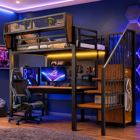 Lit mezzanine enfant 90x200 avec bande LED, échelle de sécurité et espace de rangement modulable, lit en métal, lit adulte, noir (1/5)