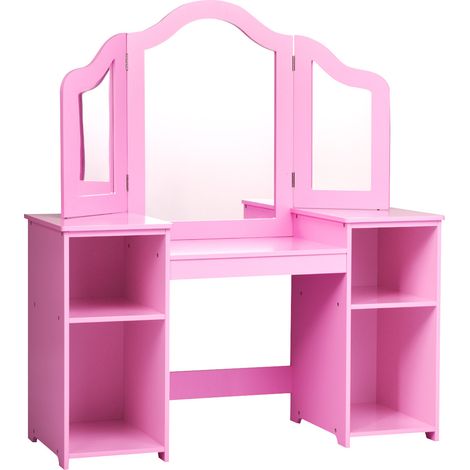 Coiffeuse enfant rose avec miroir triptyque, 4 compartiments et plateau convertible en bureau pour chambre et salle de jeux (1/5)