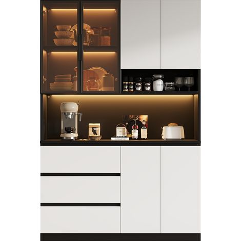 Credenza cucina con LED regolabile 120,5x40x180 cm 3 cassetti 6 ante bianco nero HOMVRA (1/5)