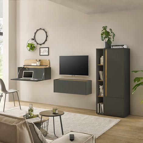 Wohnwand anthrazit mit Eiche CRISP-61 modern 4-teilig mit Homeoffice-Lösung (1/5)