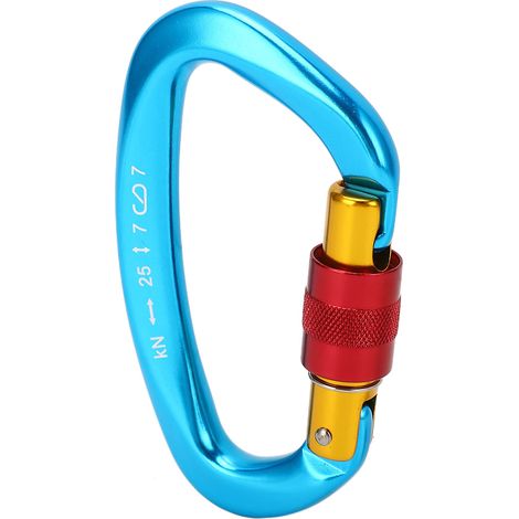 D-förmiger Karabiner aus Aluminiumlegierung, selbstsichernd, robuster D-förmiger Karabiner, geeignet zum Klettern und Campen, blau. (1/4)