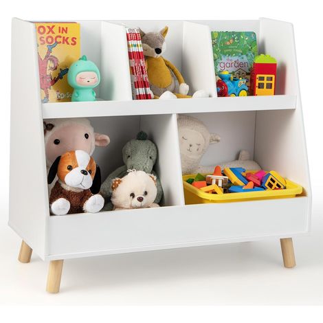 COSTWAY Librería Infantil, Organizador de Juguetes de 5 Cubos para Niños, Mueble Infantil para Libros y Juguetes con Patas de Madera y Kits Antivuelco, Estantería Abierta Infantil, 80x35x71 cm (1/5)
