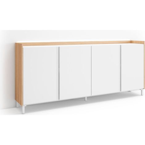 Skraut Home - Credenza, Mobile, Cucina, Madia, mobile ingresso, 207x35x91cm, 4 Porte, Design industriale, LED, Stile moderno, Bianco e Rovere soft (1/5)