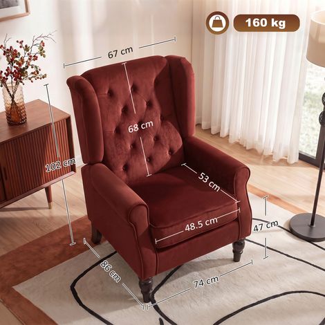 Fauteuil en velours glacé pour la chambre (assise large, pieds en bois d'eucalyptus, bordeaux) (1/5)