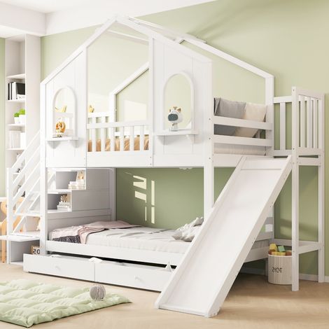 Lit superposé maison 90 x 200 blanc avec toboggan, échelle de rangement et tiroirs intégrés (1/5)