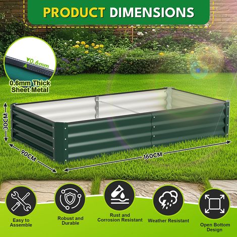 Randaco Aiuola rialzata in acciaio zincato 160x90x30cm, spessore 0,6mm, fioriera per ortaggi resistente alle intemperie e ruggine, fondo aperto, Verde