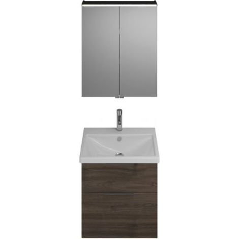 Burgbad Eqio Badmöbel-Set, mit Keramikwaschtisch + Unterschrank und Spiegelschrank, mit Griffleiste Marone Dekor Trüffel/Alpinweiss 65 cm Schwarz matt (1/2)