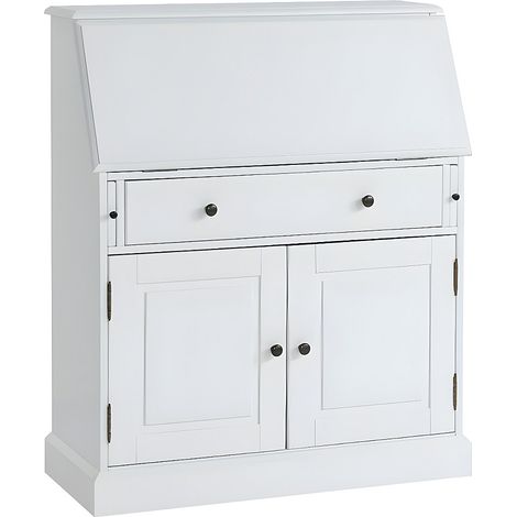 Vente-Unique – Bureau secrétaire en pin et MDF – Coloris blanc – 3 tiroirs et 2 niches – Tablette pliable pour gain de place – Dimensions 93x110.8x40 cm (1/4)