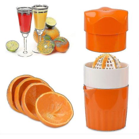 Presse-agrumes manuel avec passoire et récipient, pour citrons, oranges, limes et autres agrumes (couleur orange). (1/5)