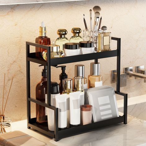Étagère de Salle de Bain à 2 Niveaux en Métal Noir - Organisateur de Comptoir pour Produits de Beauté, Maquillage et Accessoires, Rangement Multifonctionnel pour Bureau et Cuisine