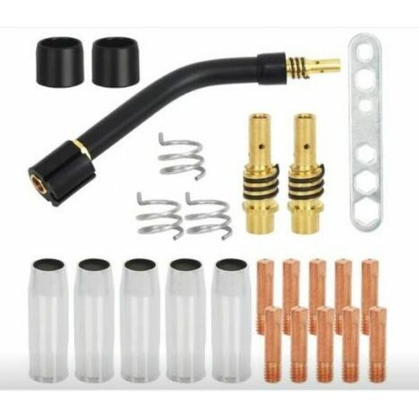 25 pcs accessoires soudage d'usure, 10 tubes de contact M6 0.8, 5 buses, 2 supports tube contact, 3 ressorts maintien, 2 douilles isolante, 1 clé, 1 col de cygne pour MIG MAG MB15 Soudeur