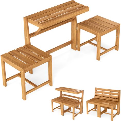 Salon de Jardin 3 en 1, Banc à 2 Places, Étagère Plantes, Table Rectangulaire et Chaises Extérieur en Bois d'Acacia, avec Dossiers Inclinés (1/5)