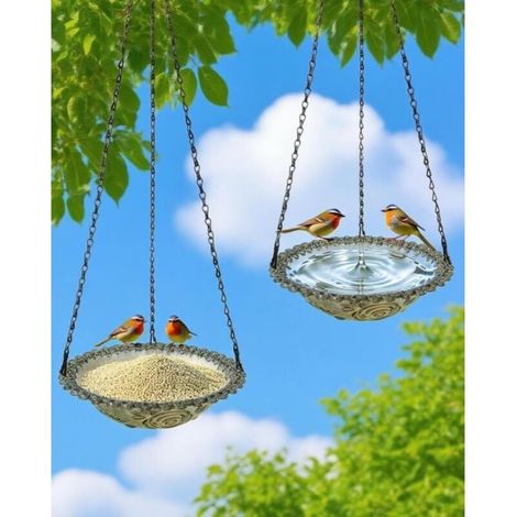 Set of 2 hanging bird baths, outdoor hanging feeders, bird water bowl, garden decoration, grey (1/5)