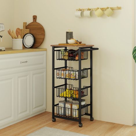 REDOM Desserte de cuisine 31x49.5x91cm 4 paniers coulissants acier plateau MDF sur roulettes Couleur naturelle (1/5)