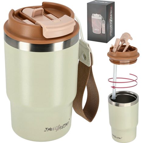 Tazza termica con cannuccia e beccuccio per caffè o tè, a prova di perdite, 480 ml - beige