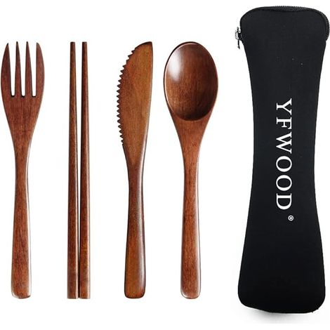 Couverts bois style japonais 1 cuillère 1 fourchette 1 baguettes 1 couteau bois pochette couverts voyage cuisine maison bureau restaurant (1/5)