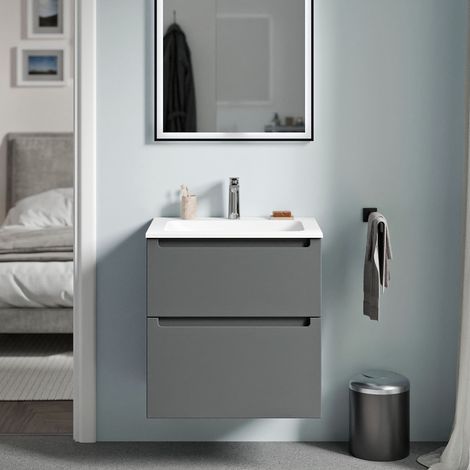 BERNSTEIN - Mobile lavabo sospeso MDF antracite opaco, lavabo Ghisa bianco opaco + foro rubinetto, cassetti girevoli - 60x46x62cm - VIREO	Antracite opaco, Bianco opaco con foro rubinetto