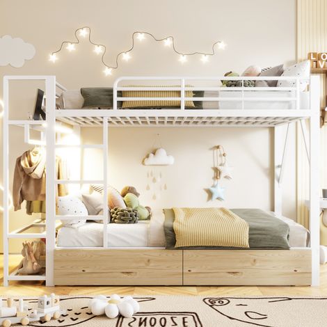 Lit superposé 140x200 cm avec bandeau LED et 2 tiroirs, rangements, barre à vêtements - métal - Blanc