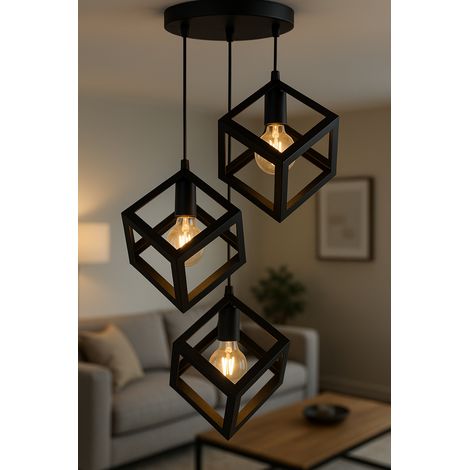 Lampadario a Sospensione Moderno 3 Luci – Struttura Geometrica a Cubo in Metallo Nero o Bianco – Portalampada E27 – Illuminazione Design per Cucina, Sala da Pranzo, Soggiorno - Color: Nero