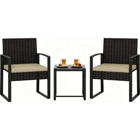Salon de jardin 2 places compact avec table basse, résine tressée et coussins confort, pour balcon ou terrasse, noir et marron, CHICFURN (1/5)