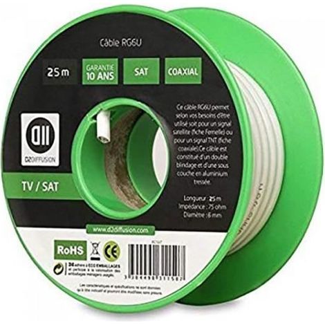 Câble RG6U - D2 Diffusion - D2BOB625 - 25m - Double blindage - Signal satellite/TNT