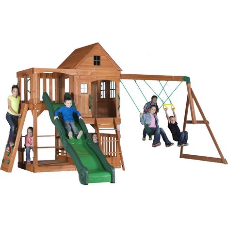 Aire de jeux en bois avec balançoire et toboggan – Mur d'escalade – Cèdre tropical – Dimensions 560 x 410 x 290 cm – Pour enfants à partir de 4 ans – Backyard Discovery