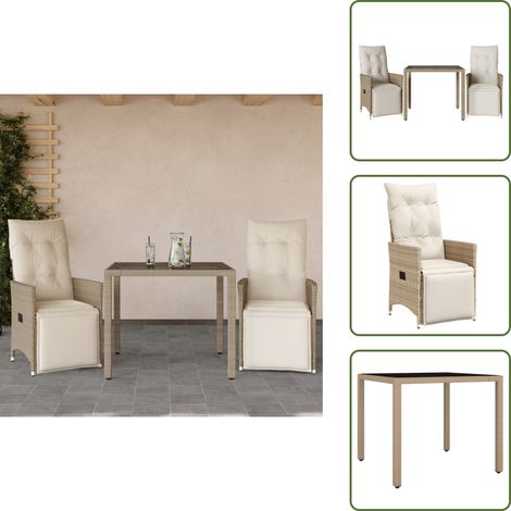 The Living Store 3-tlg. Garten-Bistro-Set mit Kissen Beige Poly Rattan - Gartenmöbel - Bistroset - Lounge Möbel - Outdoor Furniture - Esstisch
