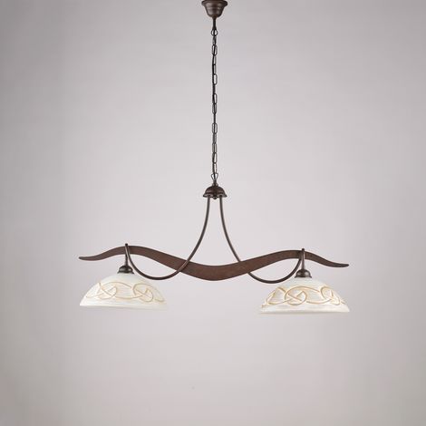 Lustre Bilbao Fer Noir, Déco Rouille, Diffuseurs Verre D.30 Blanc Et Ambre, 2 Lumières 89X30 Cm, Design Artisanal