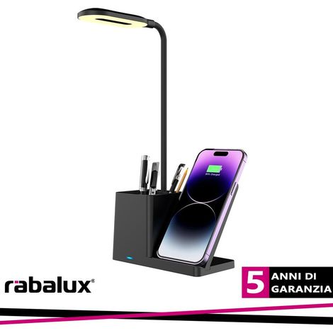 Lampada da scrivania LED nera dimmer CCT Qi USB Rabalux (1/3)