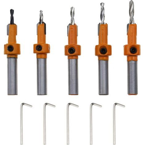 Broca cónica helicoidal de aleación de 2,8/3/3,2/3,5/4 mm, juego de herramientas para biselar madera con llave hexagonal de 5 piezas. (1/5)