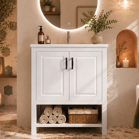 Meuble vasque autoportant 76,5x47x83 cm, blanc laqué, armoire à double porte, rangements variés, lavabo céramique intégré, étagères ouvertes. (1/5)