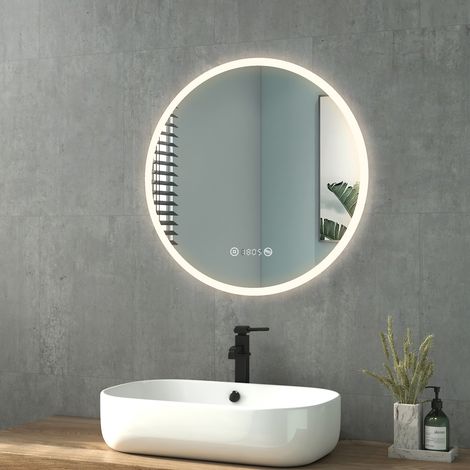 Heilmetz Badspiegel mit Beleuchtung Rund LED Spiegel Acryl Wandspiegel Neutrales Licht 4300K 60cm Beschlagfrei und Uhr (1/5)