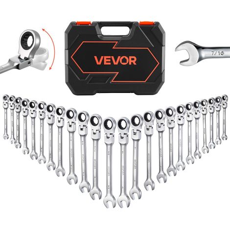 Jeu de Clés Mixtes 24 Pièces, Clé Plate à Cliquet avec Tête Flexible, pour Réparation Domestique et Automobile Atelier, SAE et Métrique, 72 Dents, en Acier Cr-V, avec Coffret de Rangement (1/5)