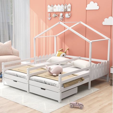 DESVIAE Lit cabane double enfant avec barrières 2 tiroirs en MDF sur roulettes sommier à lattes en pin 200x90 cm blanc (1/5)