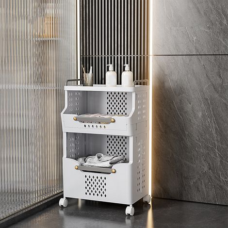Panier à linge multifonction plastique capacité élevée, 2 niveaux, pliable, gris blanc (1/5)