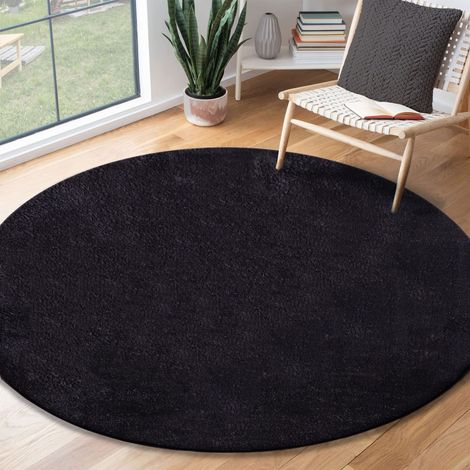 Tapis Moderne Moelleux à Poils Courts, antidérapant, Lavable Jusqu’à 30°C, Super Doux, Aspect Fourrure, pour Salon et Chambre, décoratif, Noir, 120 cm Rond (1/4)