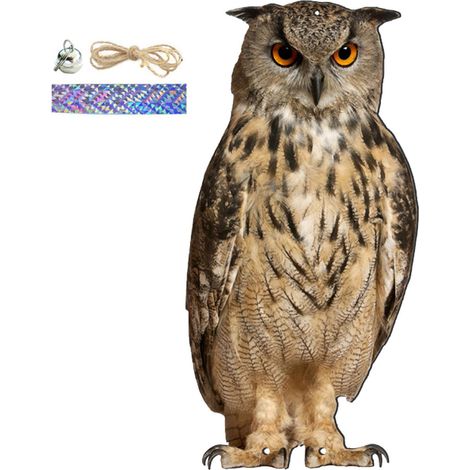 Espantapájaros con forma de búho y sonido: espantapájaros realista e impermeable para jardín, interior y exterior. Incluye cuerda de 30 cm y campana. (1/5)