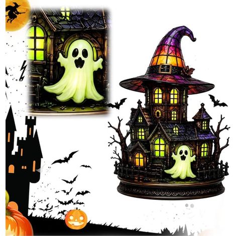 Lampe gothique d'Halloween avec chapeau de sorcière, lampe de table décorative style vintage, veilleuse LED pour chambre, étagère et table, ambiance maison hantée (1/5)