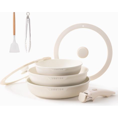 8 Piece Non-Stick Cookware Set, Removable Handle, Beige (1/5)