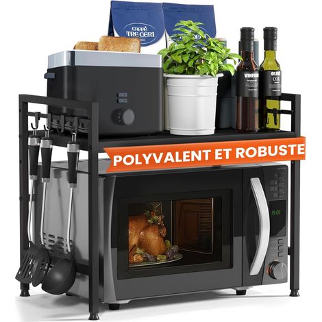 Étagère Micro-Ondes Étagère de Cuisine en Acier (2 Niveaux) Meuble Micro-Ondes Support Four Rangement Cuisine Ajustable en Hauteur & Longueur – Noir (1/5)