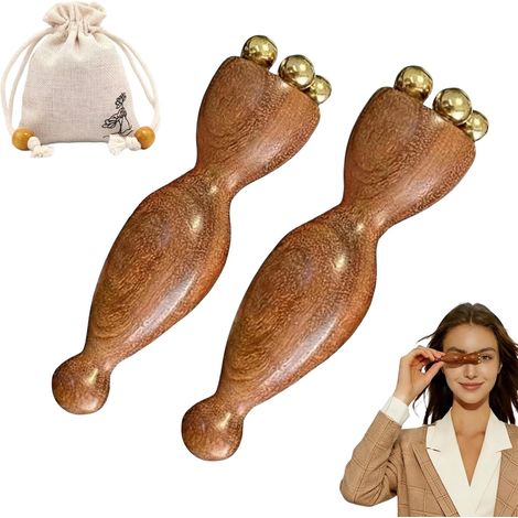Appareil massage visage en bois, lot de 2, avec perles métalliques, sac coton, rosewood (1/5)