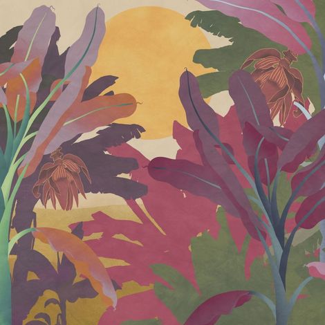 papier peint panoramique feuilles de la jungle vert et violet  - Komar