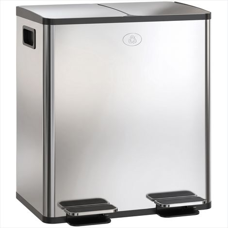 Poubelle Double compartiment 40L cuisine inox avec pédales Argent (1/5)