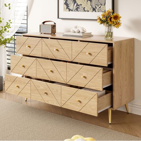 commode meuble rangement 9 tiroirs 120 cm naturel OKMYHOME (1/5)