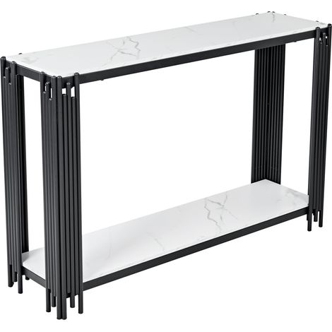 Tavolo consolle moderno con 2 ripiani, effetto marmo bianco, metallo nero, 123,5 x 33,5 x 80 cm (1/5)