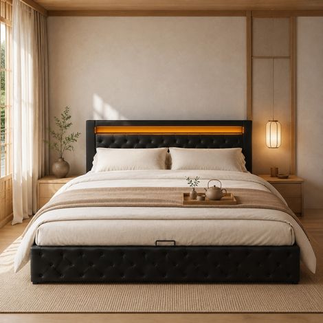 Letto imbottito 140 x 190 cm con rete a doghe, contenitore idraulico e LED, nero, PU (1/5)