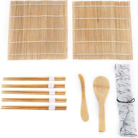 Kit De Fabrication De Sushis Sushi Maker Kit Froulettes pour Sushi apporter un sac en tissu, 2 x Tapis, 1 pagaie de Riz, 1 x épandeur de Riz, 4 Paires de Baguettes,1 Couteau, 2 Petit Plat (1/5)