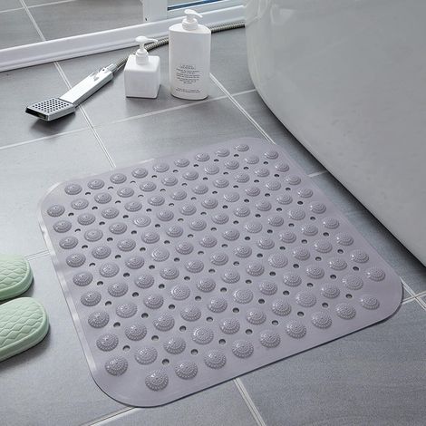 Alfombrilla de ducha antideslizante, 48 x 48 cm, con ventosas, lavable a máquina, cuadrada, gris (1/5)